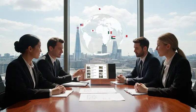 Business people reviewing London property investment documents with city skyline background