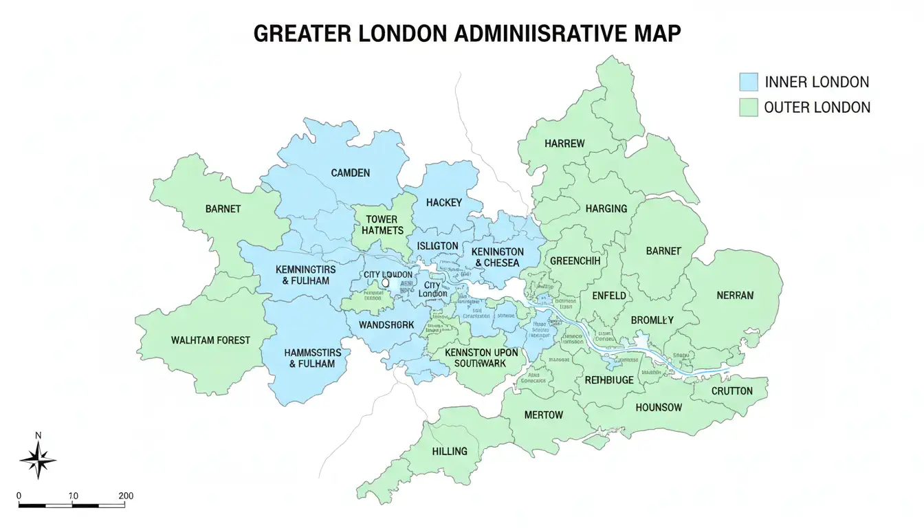 Map of Greater London showing all 33 boroughs with clear boundaries and names