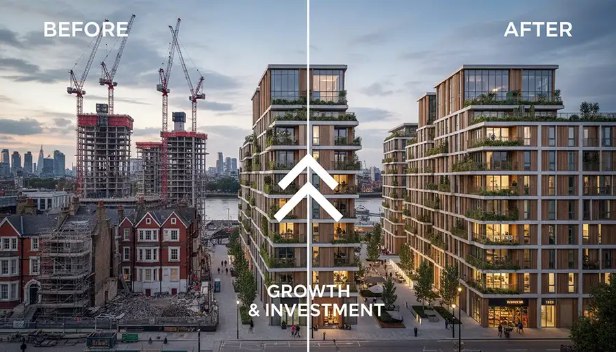 New residential development construction in London regeneration zone showing modern apartment buildings