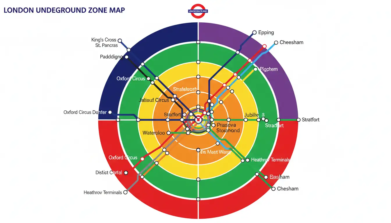 London Underground zone map showing Zones 1-6 with major stations and borough boundaries
