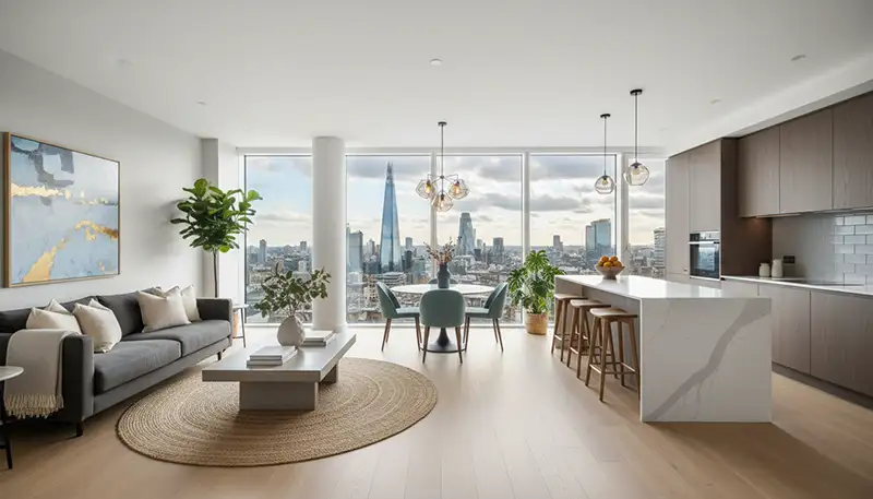 Contemporary London apartment interior with open-plan living space and city views